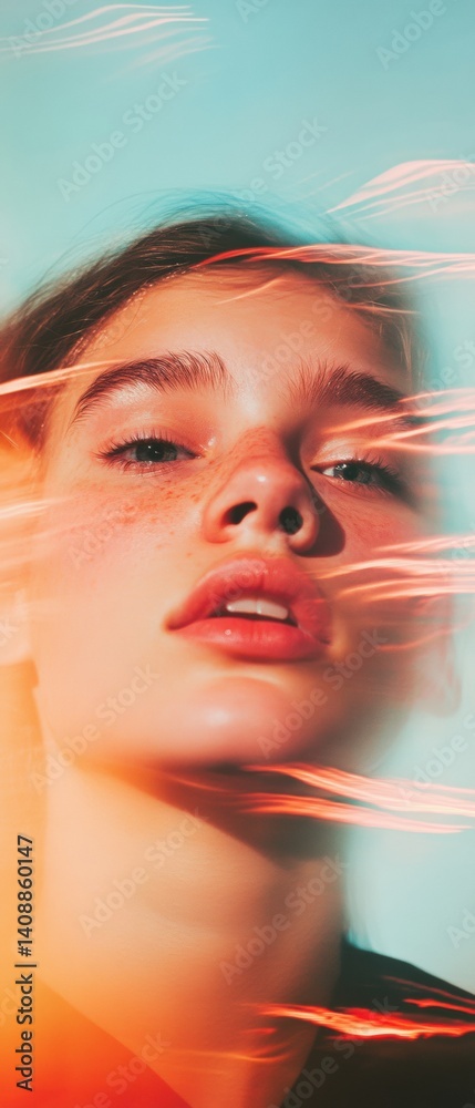Poster digital burnout aesthetics gen z cognitive overload portrait with distorted screen-induced emotional