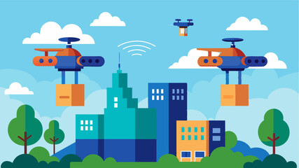 In the distance a fleet of autonomous drones can be seen delivering packages and parcels to neighboring businesses outside of the industrial park.. Vector illustration