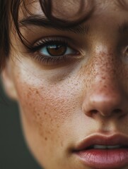Naklejka premium Natural Beauty Unveiled Intimate Freckled Skin Portrait Capturing Authentic Gen Z Aesthetic with Soft Lighting and Raw Emotional Depth - Minimalist Contemporary Skincare Narrative