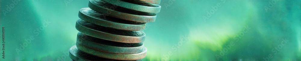 Poster minimalist financial architecture precision-stacked metallic coins in ethereal green gradient - inno