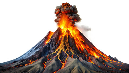 Erupting volcano, isolated, fiery lava, isolated on white background, disaster imagery