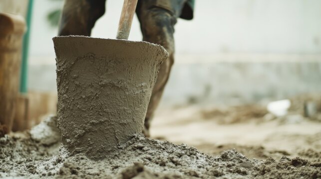 A construction worker mixing cement on a construction site. Featuring effort and consistency