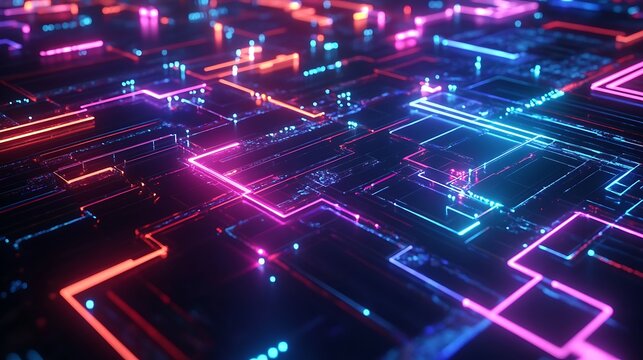 3D rendered digital world in cyber space glowing with neon colors representing global internet technology and energy connections