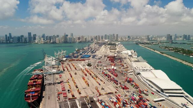 Aerial wide View of Miami Cargo Port at Sunrise. 