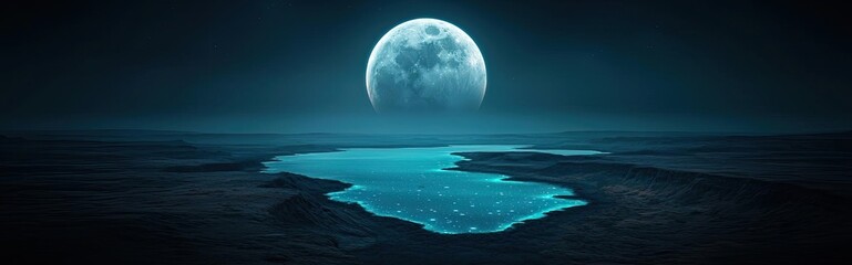 Landscape of alien planet with glowing oceanic and craters concept. A serene landscape featuring a glowing moon over tranquil waters.