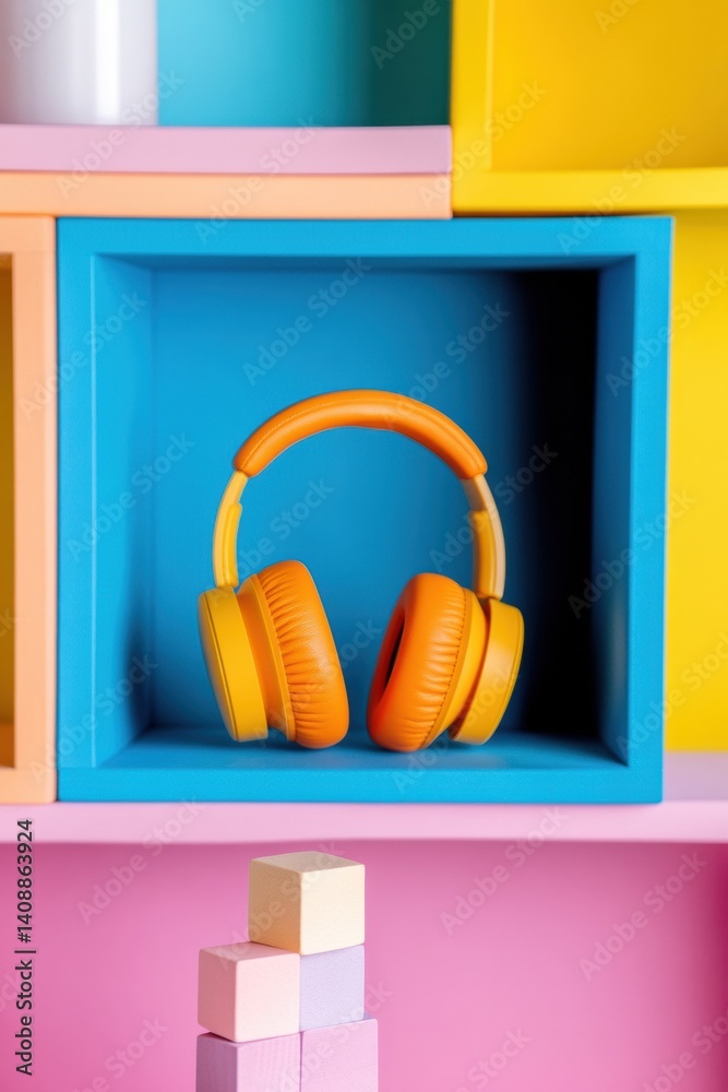 Poster sensory design meets tech vibrant noise-canceling headphones in geometric color-block minimalist stu