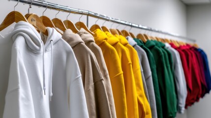 Fototapeta premium A rack of clothes with a variety of colors including white, yellow, green
