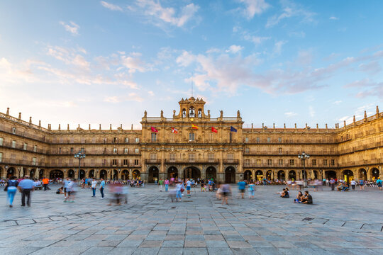 Plaza Mayor square at sunset with people, Salamanca, Spain