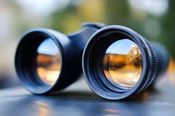 Binoculars closeup, lens reflection, nature
