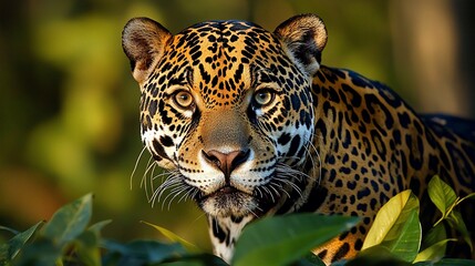 Majestic jaguar portrait, intense gaze, spotted coat, lush green foliage backdrop