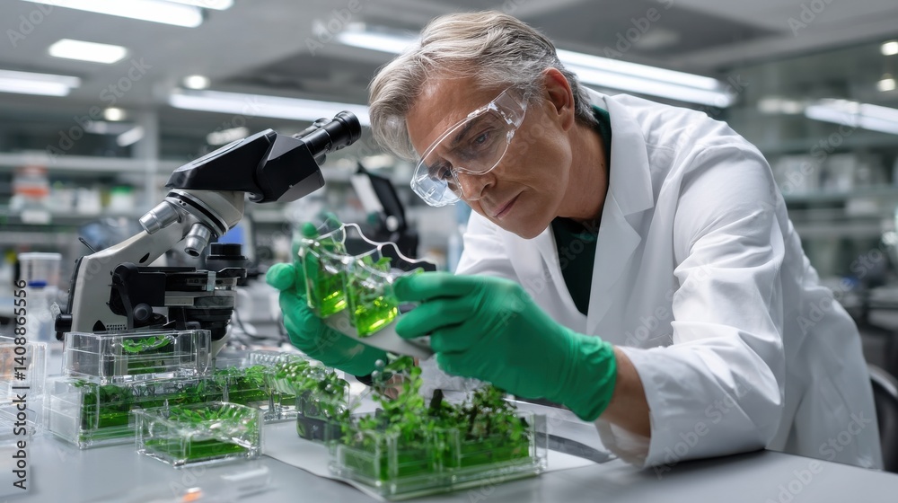 Poster a man in a lab coat is looking at a microscope