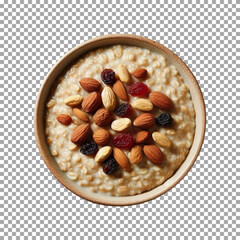 A bowl of oatmeal topped with a variety of nuts and raisins, Nutritious Oatmeal with Almonds and Raisins Topping on transparent background, png, psd
