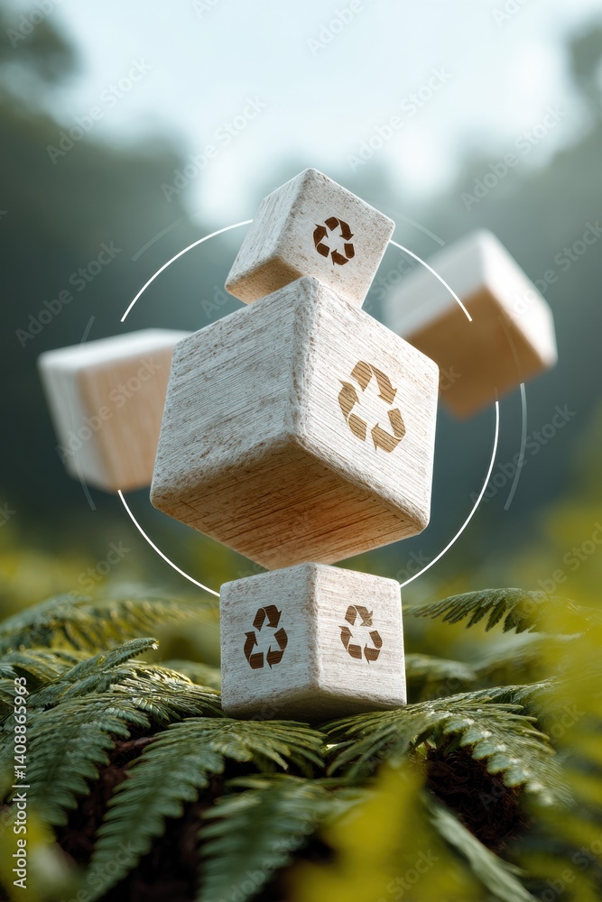 Aufkleber regenerative circular economy concept sustainable wooden blocks with recycling symbols floating abov