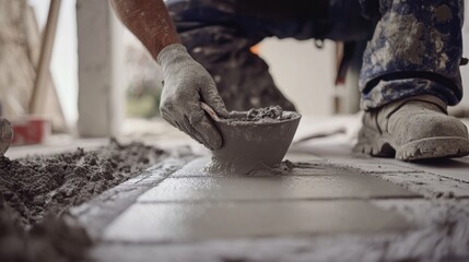 A construction worker mixing grout for tile installation. Featuring attention to detail and preparation