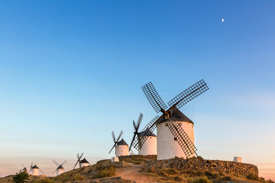 Windmills at sunset, Consuegra, Castile La Mancha, Spain