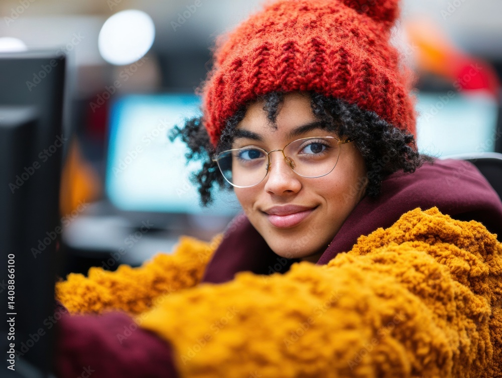 Poster inclusive digital empowerment gen z learner in cozy textured knitwear mastering technology with adap