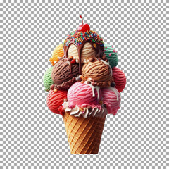 A delicious ice cream cone, Colorful Ice Cream Cone with Sprinkles and Cherry Delight on transparent background, png, psd
