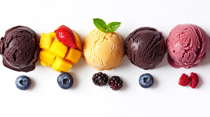 Set of five distinct ice cream scoops in various flavors--strawberry, vanilla, mango, chocolate, and blueberry--isolated on white