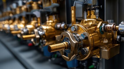 A row of gold-plated valves are lined up next to each other