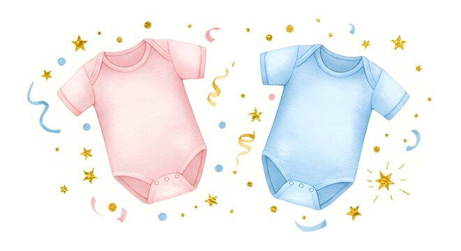 A watercolor illustration shows a pink and a blue baby onesie surrounded by confetti and stars.
