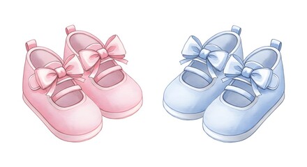 A pair of pink baby shoes and a pair of blue baby shoes, each with a bow, side by side.
