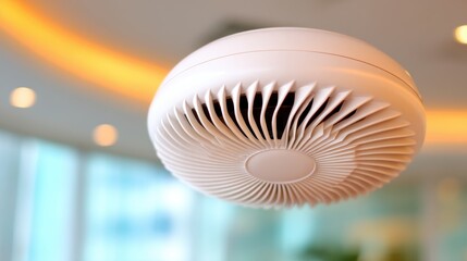 A modern ceiling fan with a sleek design, suspended from the ceiling, providing a contemporary touch to the interior space.