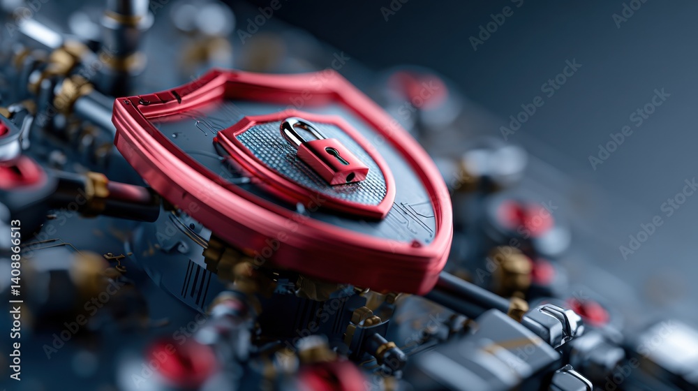 Poster A red shield with a lock on it is placed on a black background