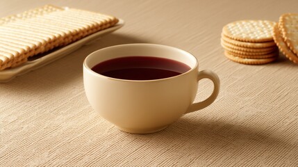 Fototapeta premium A cozy scene featuring a cup of tea beside a plate of crackers on a textured surface, perfect for a relaxing moment.
