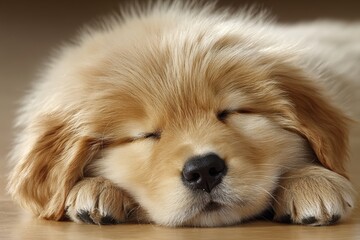 Sleeping golden retriever puppy indoor photograph cozy environment close-up cuteness overload