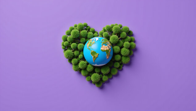 Planet Earth Heart on Green Forest with Purple Background, Earth Day, Eco-Friendly, Nature Conservation, Sustainability, Climate Change, Save the Planet, Environmental Protection, Green Energy,