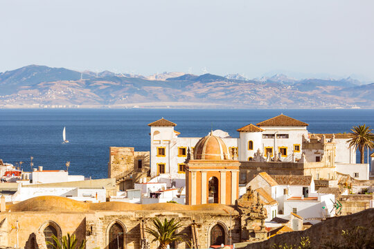 Tarifa old town and Strait of Gibraltar, Andalusia, Spain
