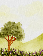 Watercolor painting background depicting trees and nature