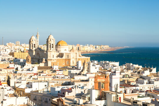 High angle view of city and coast, Cadiz, Andalusia, Spain