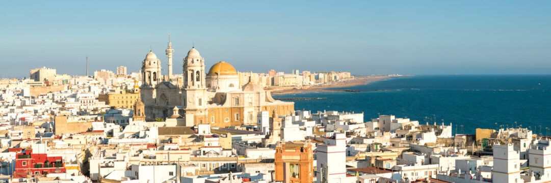 High angle view of city and coast, Cadiz, Andalusia, Spain