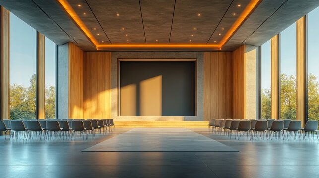 Modern conference hall with chairs, a stage, and minimalist design, ideal for events or seminars.