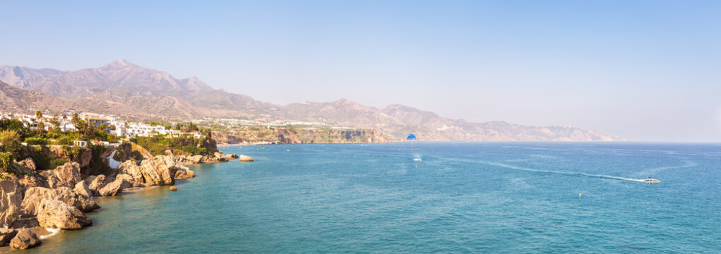 Beach panoramic seen from the Balcon de Europa, Nerja,  Costa del Sol, Spain