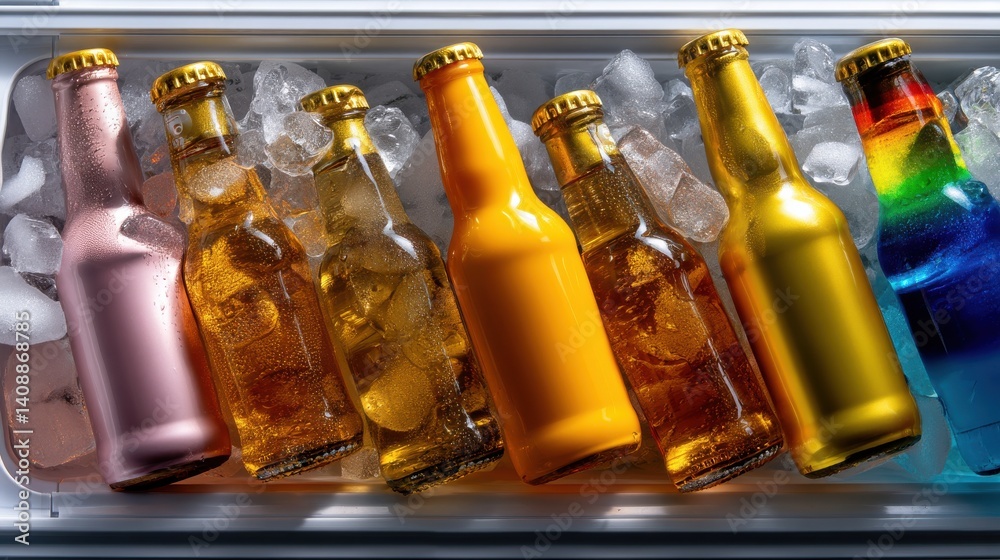Poster a row of six bottles of beer are lined up in a cooler