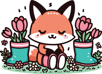 Fox Cub in a Rainboot Garden. Cartoon Illustration.