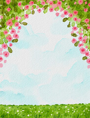 Bright sky blue watercolor background
with painted pink flowers