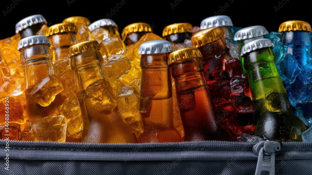 Poster a cooler full of beer bottles with ice and a zipper