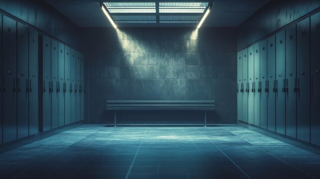 A shadow-filled, dark sports locker room cubicle with moody lighting highlighting the bench and empty lockers