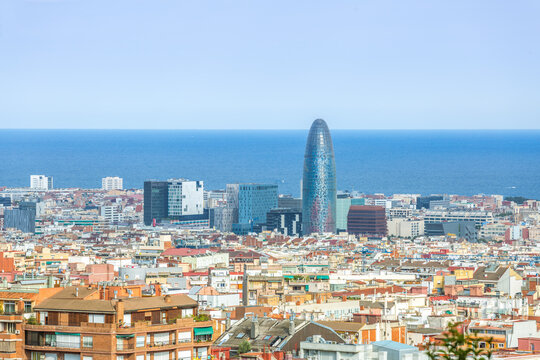 high angle view of the city with Agbar tower, Barcelona, Spain