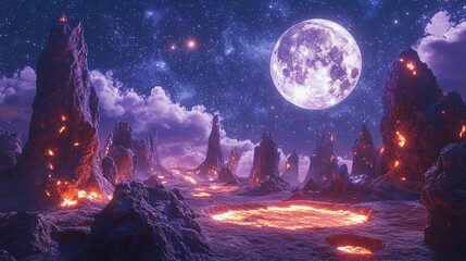 Fototapeta premium Landscape of alien planet beneath mystical skies and surreal moon concept. A surreal landscape illuminated by a glowing moon and lava.