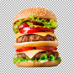 A very tall hamburger, Tasty Double Cheeseburger with Lettuce, Tomato, and Onion on transparent background, png, psd
