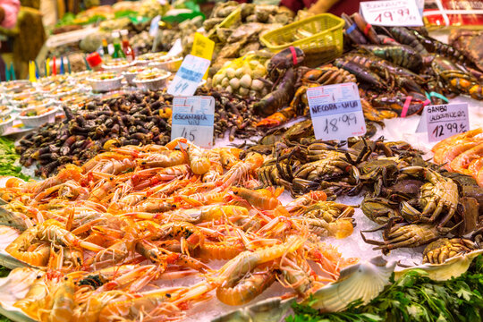 Fresh seafood on sale at La Boqueria market, Barcelona, Spain