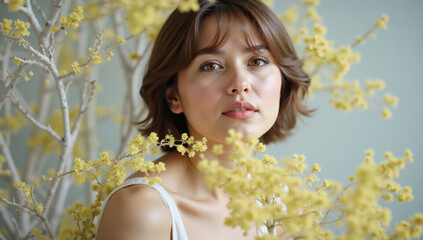 Naklejka premium Ethereal Portrait of a Radiant Woman Surrounded by Vibrant Yellow Flowers and Delicate White Branches, Studio Lighting with Copyspace, Dreamy Aesthetic, Soft Focus, Fashion Beauty