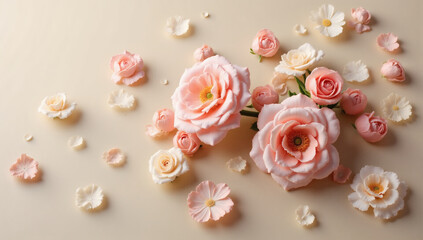 Hyperrealistic Beautiful Arrangement of Roses and Petals Floating on Calm Water with Beige Background – Elegant Floral Still Life, Romantic Decor, Serene Nature Photography