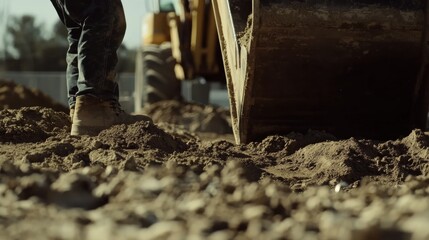 A construction worker operating a backhoe on a construction site. Featuring precision and focus