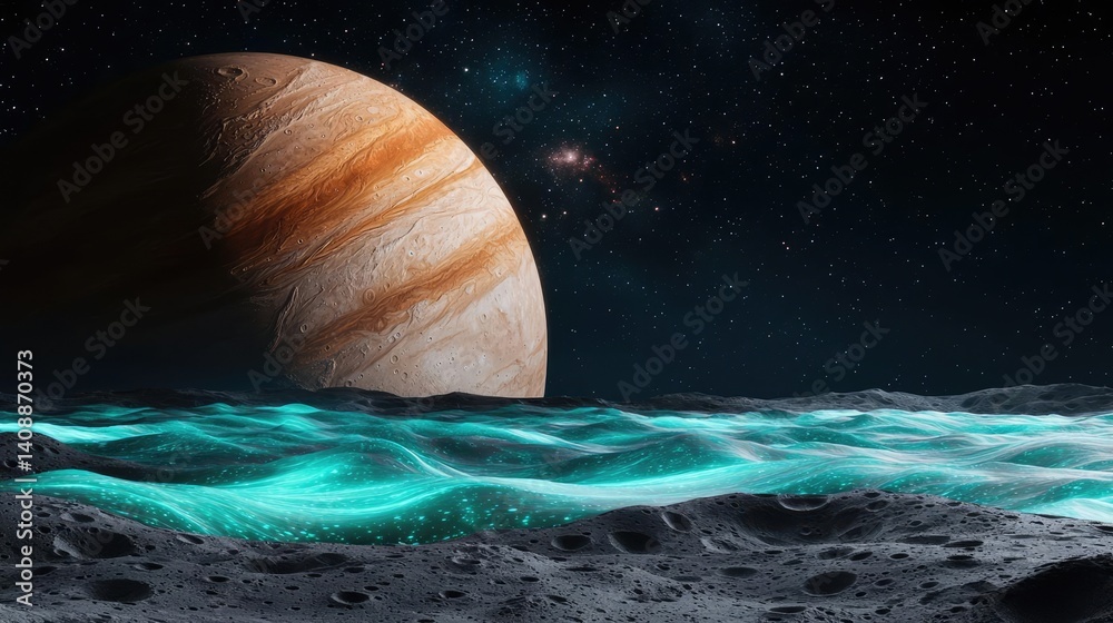 Poster landscape of alien planet with glowing oceanic and craters concept. a futuristic view of jupiter ill
