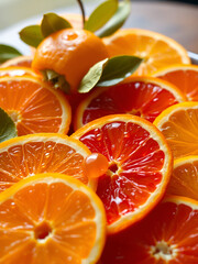 Citrus Splendor, vibrant citrus fruits sliced open, juice droplets glistening, warm earthy tones embracing the fresh morning ambiance